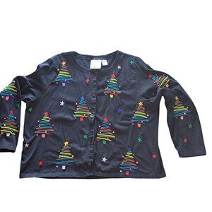 Michael Simon Christmas 1XL Womens Cardigan Sweater Button Black Embroidered